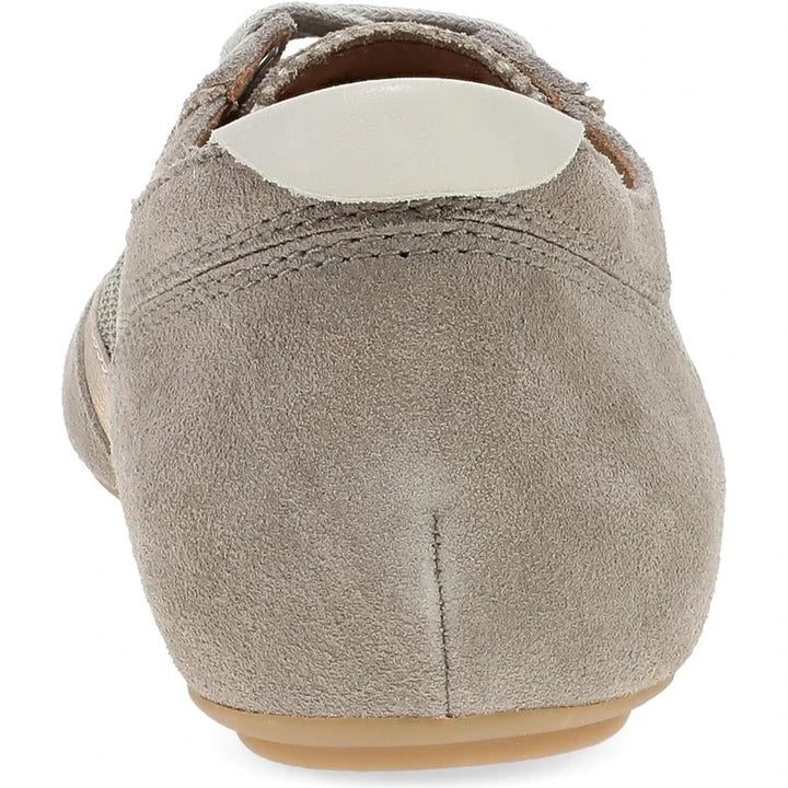 Dansko Milana sneaker in taupe and gold suede, back view
