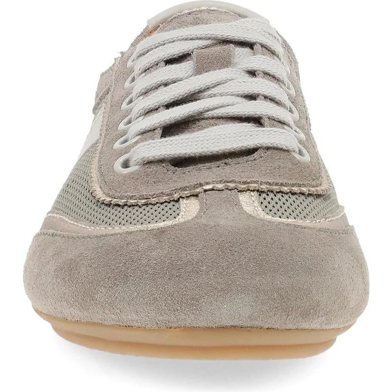 Dansko Milana sneaker in taupe and gold suede, front view
