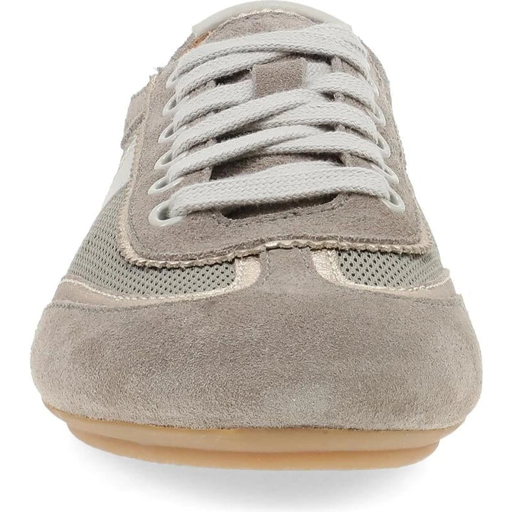 Dansko Milana sneaker in taupe and gold suede, front view