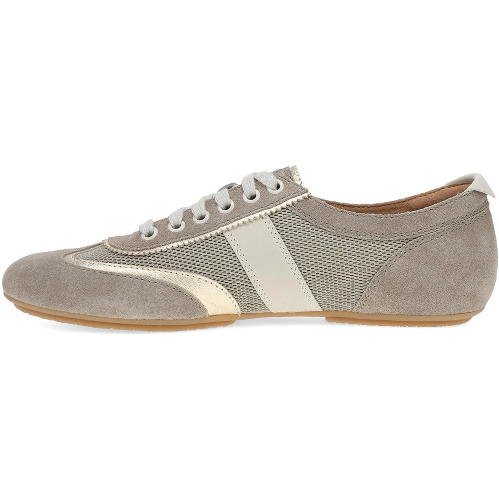 Dansko Milana sneaker in taupe and gold suede, side profile showing gold stripe
