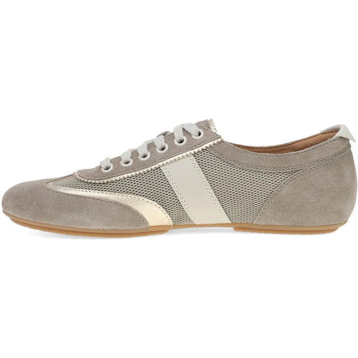 Dansko Milana sneaker in taupe and gold suede, side profile showing gold stripe