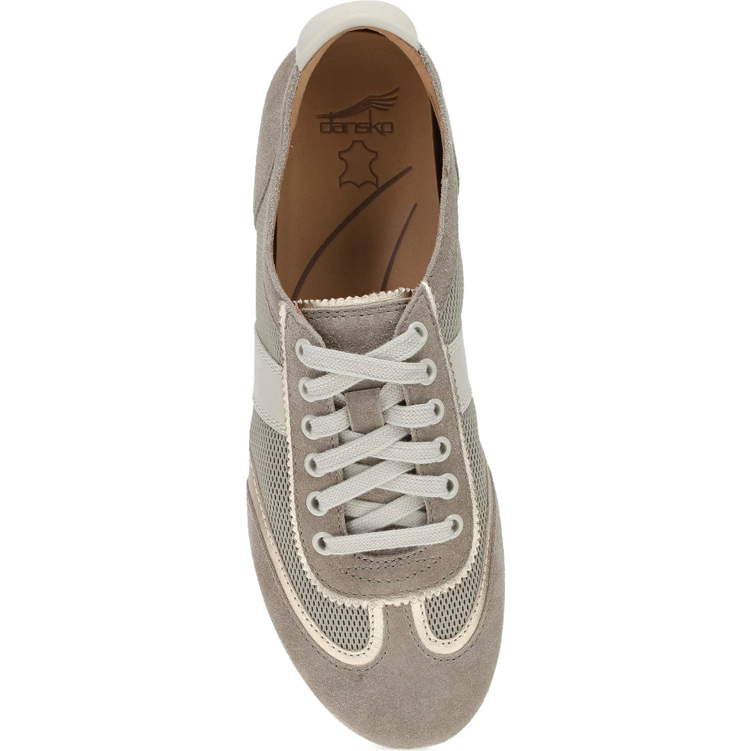 Dansko Milana sneaker in taupe and gold suede, top view showing lace-up closure