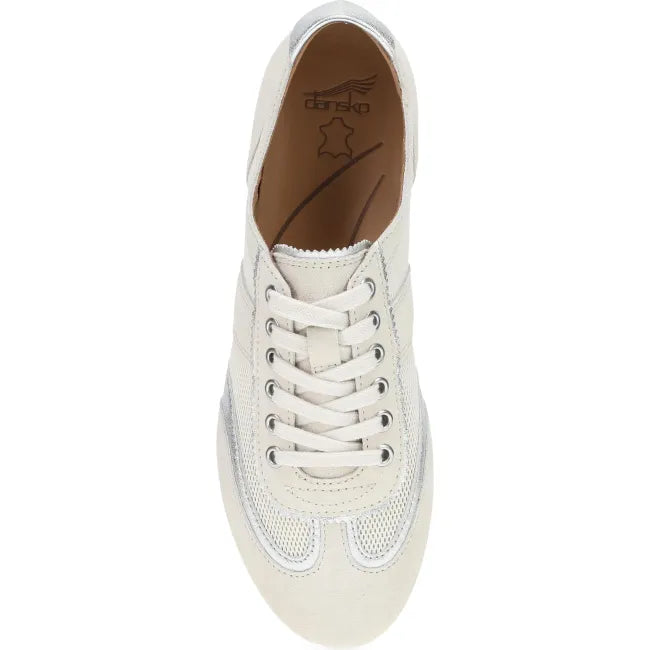 Dansko Milana sneaker in vanilla suede, top view showing lace-up closure