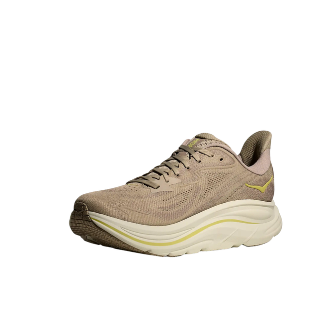Angled Medial side of Hoka Men's Clifton 10 Running Shoe in Raw Linen