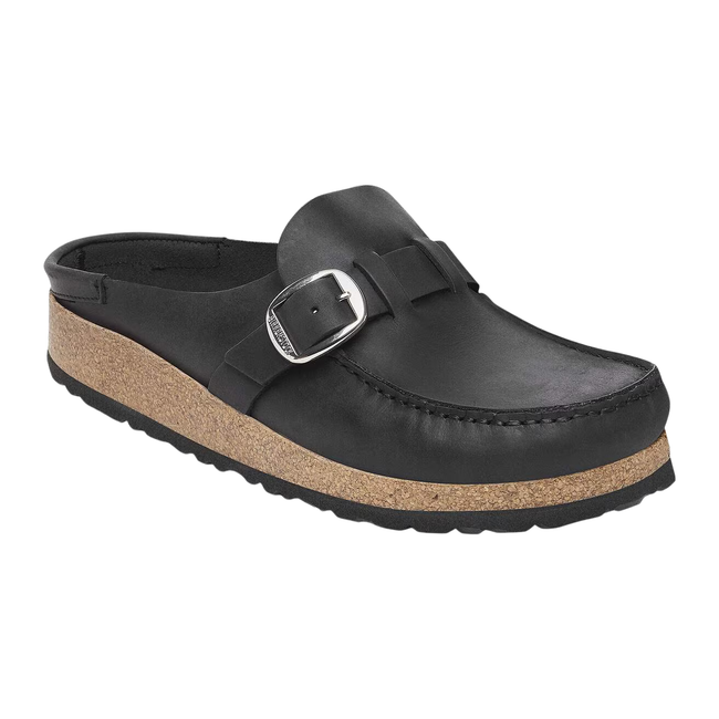Angled side of Birkenstock Unisex Oiled Leather Buckley in Black
