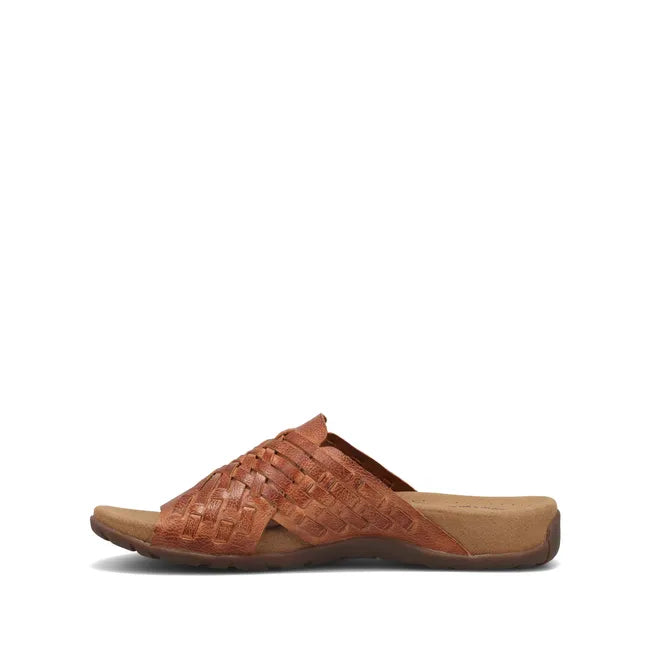 Medial side of Women's Taos Guru Slide Sandal in Honey tan leather