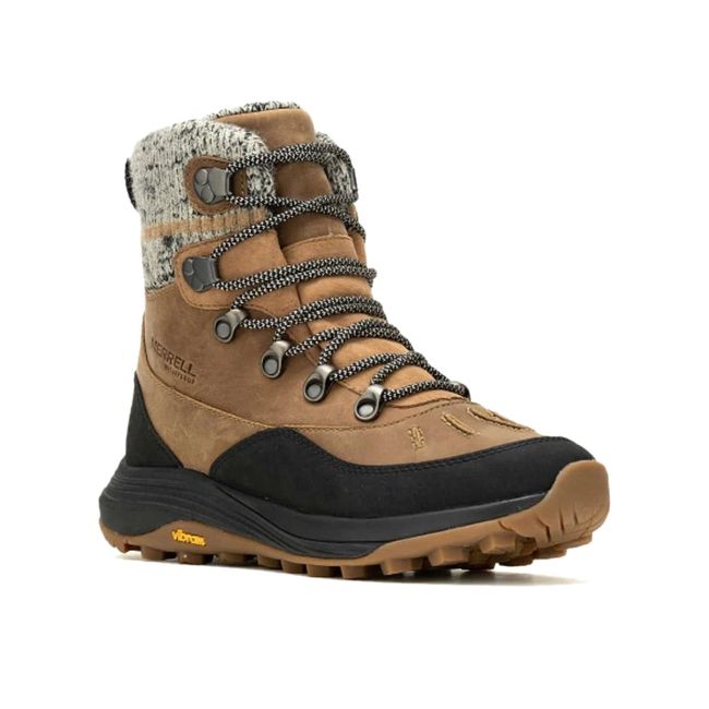 Front angled view of Merrell Women's Siren 4 Thermo Mid Waterproof Hiking Boot in Tobacco Brown