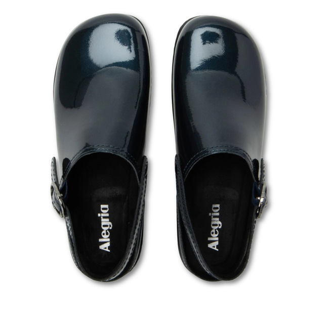 Patent leather upper of Alegria Women's Olie Clogs in Space Invaders Navy