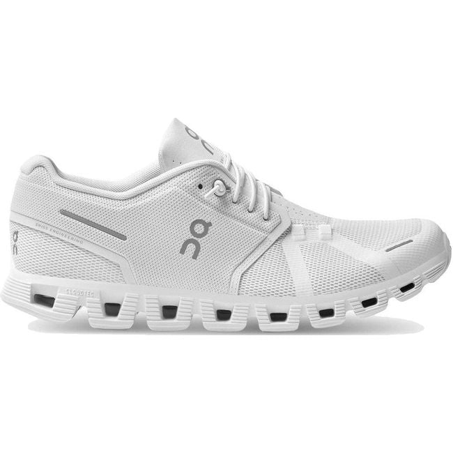 Lateral side of sleek and stylish Men's On Cloud 5 slip on sneakers in a classic all white colorway