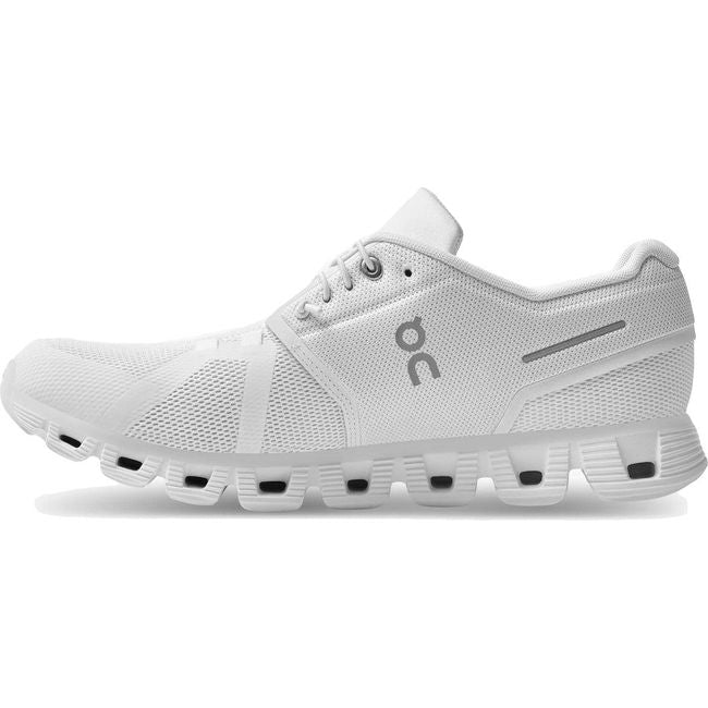 Medial side of sleek and stylish Men's On Cloud 5 slip on sneakers in a classic all white colorway