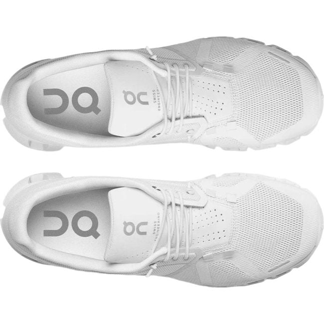 Top-down view of sleek and stylish Men's On Cloud 5 slip on sneakers in a classic all white colorway