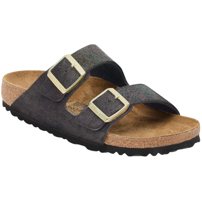 Angled Side of Birkenstock Women's Arizona Suede Sandal in Shimmering Black