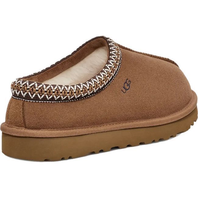 Heel angled view of Women&#39;s UGG Tasman Chestnut Slipper with white wool interior