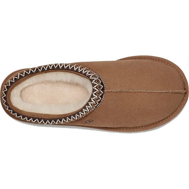 Top down view of Women&#39;s UGG Tasman Chestnut Slipper with white wool interior