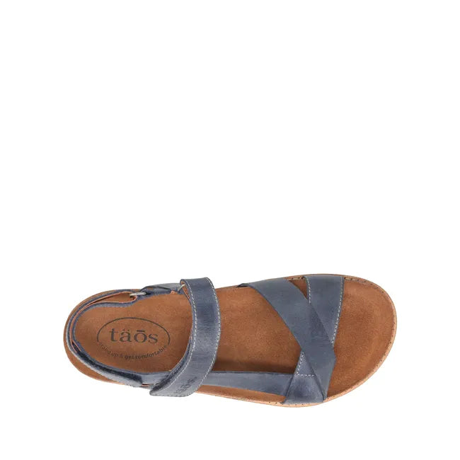 Upper of Women's Taos Sideways Sandal in Dark Blue leather with velcro straps
