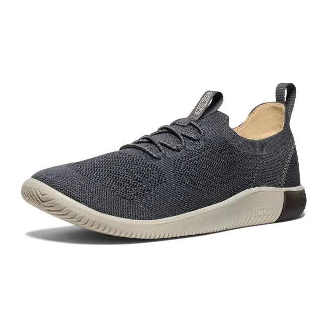 Front angled view of Men's Keen KNX Knit Sneaker in Black Magnet colorway