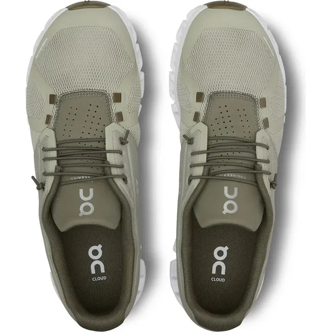 Top-down view of On Cloud 5 running shoes in light green with a white sole and slip on lacing