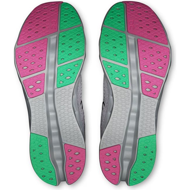 Soles of Mens On Running Cloudsurfer 2 Running Shoes in White Mineral gray with pink and green tread