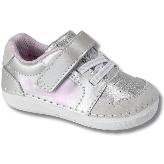 Angled side of Stride Rite Kids' Soft Motion Waverly Toddler Sneaker in Champagne Metallic