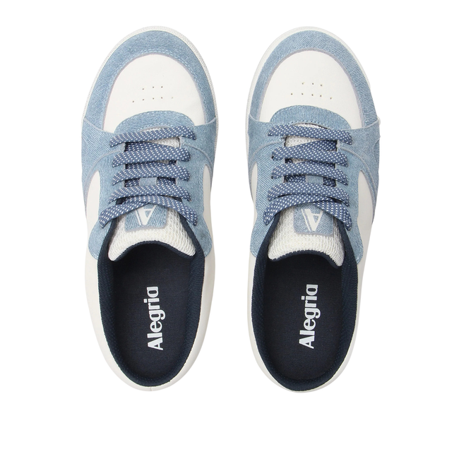 Upper of Alegria Women's Celeste Slide Sneakers in Indigo and White