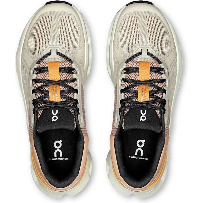 Top down view of Women's On Running Cloudrunner 2 Running Shoes in Pearl Tangerine Orange