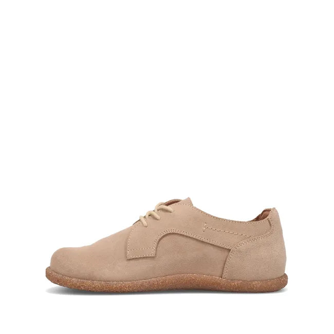 Medial side of Women's Taos Utmost Oxford Shoe in sand suede upper color