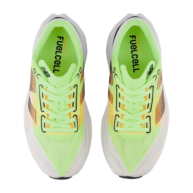New Balance Women's FuelCell Rebel V4 Running Shoe WHITE/BLEACHED LIME GLO/HOT MANGO WFCXLA4