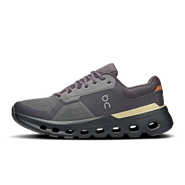 Medial side of On Running Men's Cloudrunner 2 Running Shoe in Rock Gray and Tangerine