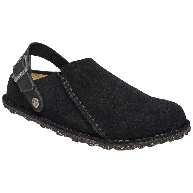 Angled side of Birkenstock Unisex Lutry Suede Clog in Black