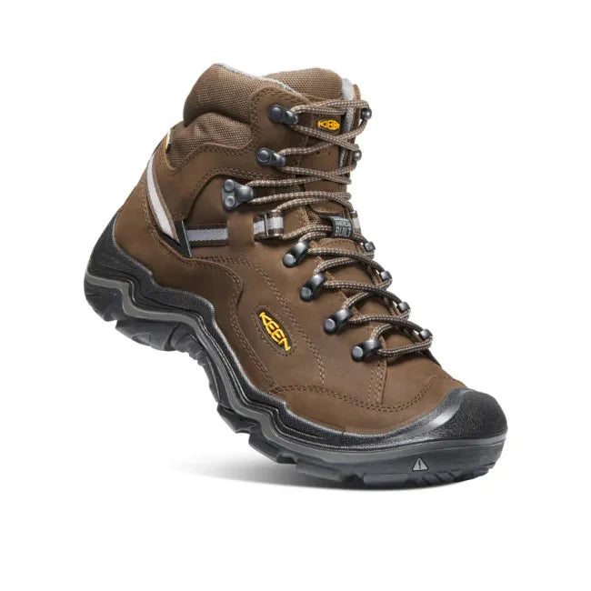 Angled view of KEEN Men's Durand II Waterproof Hiking Boot in cascade brown leather