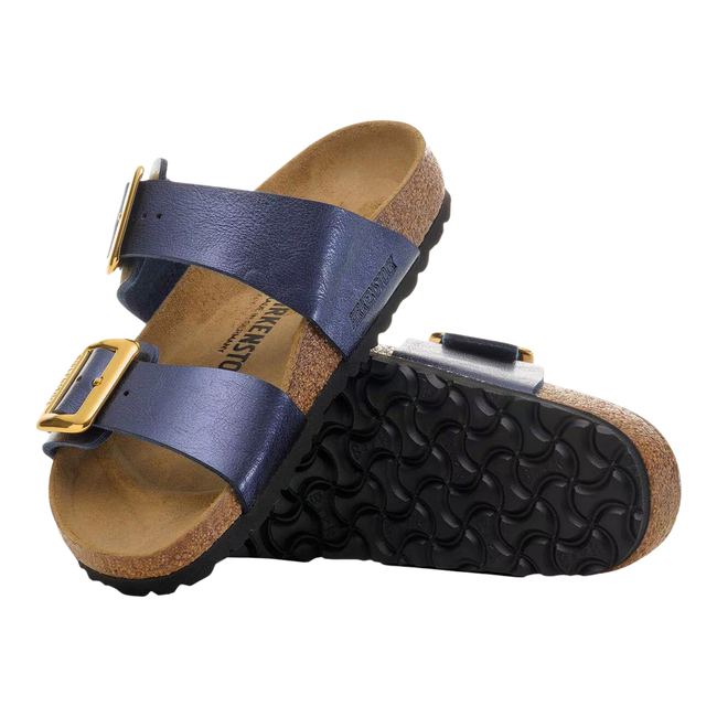 Top and Sole of Birkenstock Women's Sydney Luxe Birko-Flor Sandal in Midnight Blue