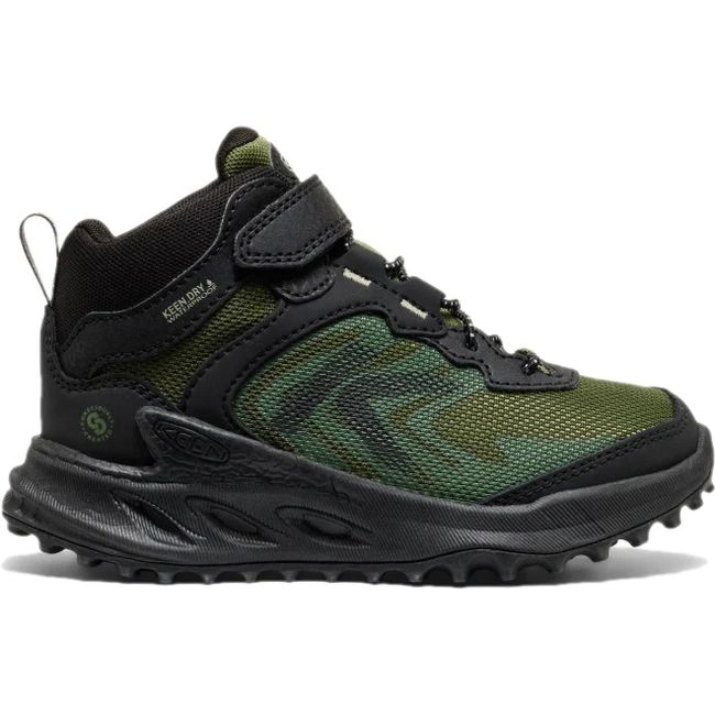 Lateral side of KEEN Little Kids' Zionic Waterproof Hiking Boot in black and green