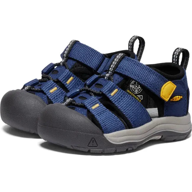Pair of KEEN Toddlers' Newport H2 Closed Toe Sandal in Naval Academy  blue and Keen Yellow