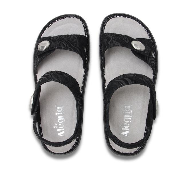 Adjustable upper of of Alegria Women's Vienna Sandals in Swirling Black