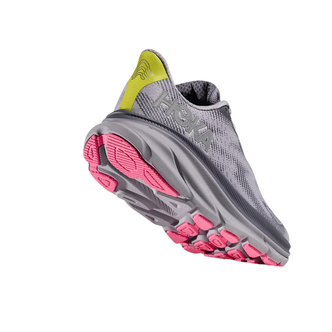 Angled Heel of Hoka Women's Clifton 9 GORE-TEX Running Shoe in Grey Skies