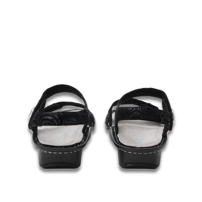 Heels of Alegria Women's Vienna Sandals in Swirling Black with back strap
