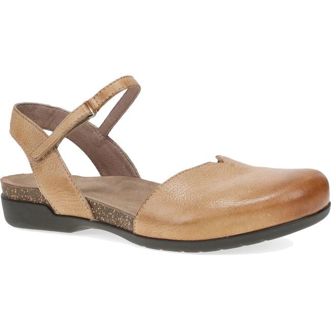 Lateral of Womens Dansko Rowan Sandal in Honey Distressed leather with a backstrap and closed toe