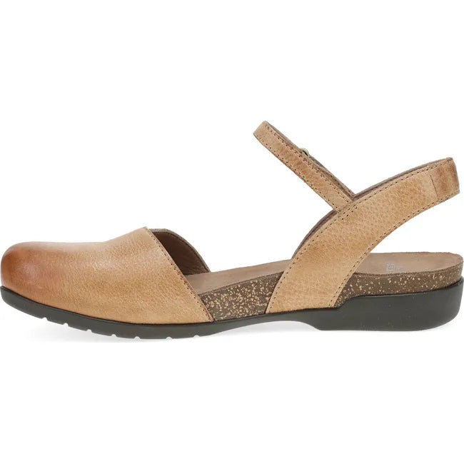 Medial of Womens Dansko Rowan Sandal in Honey Distressed leather with a backstrap and closed toe
