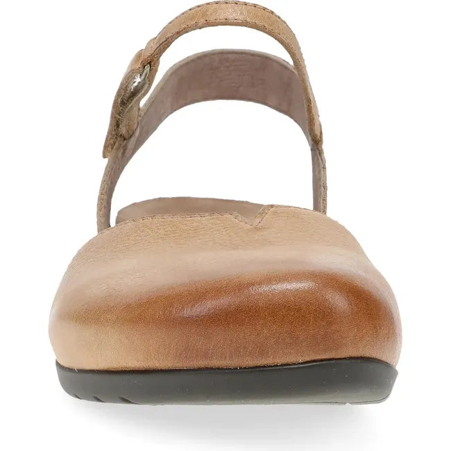 Front of Womens Dansko Rowan Sandal in Honey Distressed leather with a backstrap and closed toe