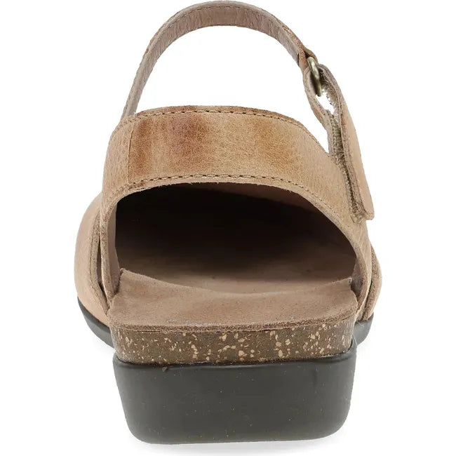 Heel of Womens Dansko Rowan Sandal in Honey Distressed leather with a backstrap and closed toe