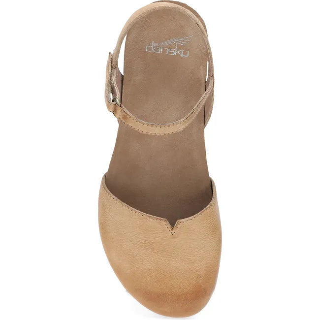 Top down of Womens Dansko Rowan Sandal in Honey Distressed leather with a backstrap and closed toe