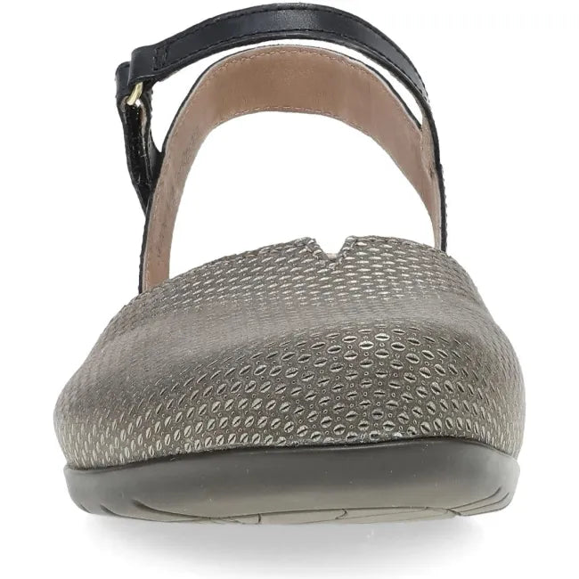 Dansko Rowan sandal in grey and pewter leather, front view