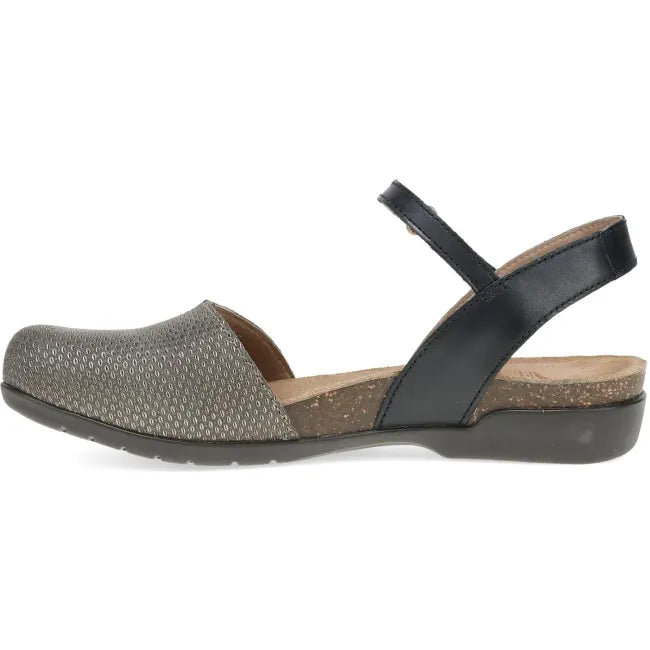 Dansko Rowan sandal in grey and pewter leather, side profile showing cork midsole