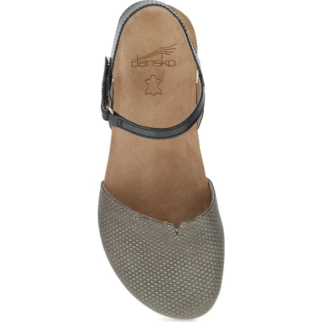 Dansko Rowan sandal in grey and pewter leather, top view showing hook-and-loop straps
