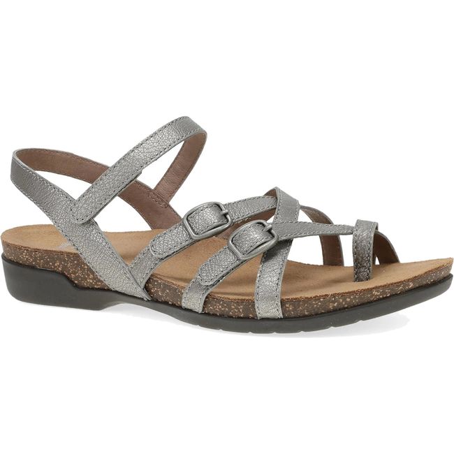Lateral side of Women's Dansko Roslyn Sandal in Antique Silver Metallic with velcro straps