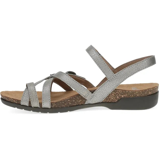 Medial side of Women's Dansko Roslyn Sandal in Antique Silver Metallic with velcro straps