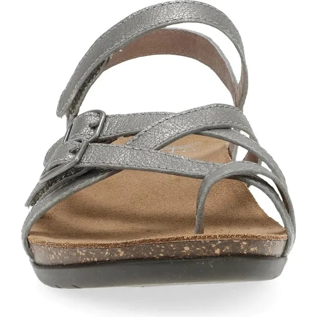 Front of Women's Dansko Roslyn Sandal in Antique Silver Metallic with velcro straps