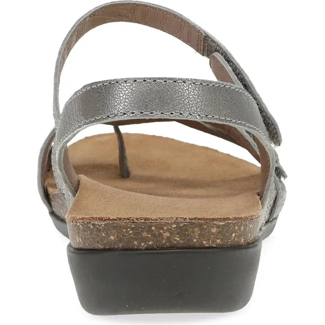 Heel of Women's Dansko Roslyn Sandal in Antique Silver Metallic with velcro backstrap