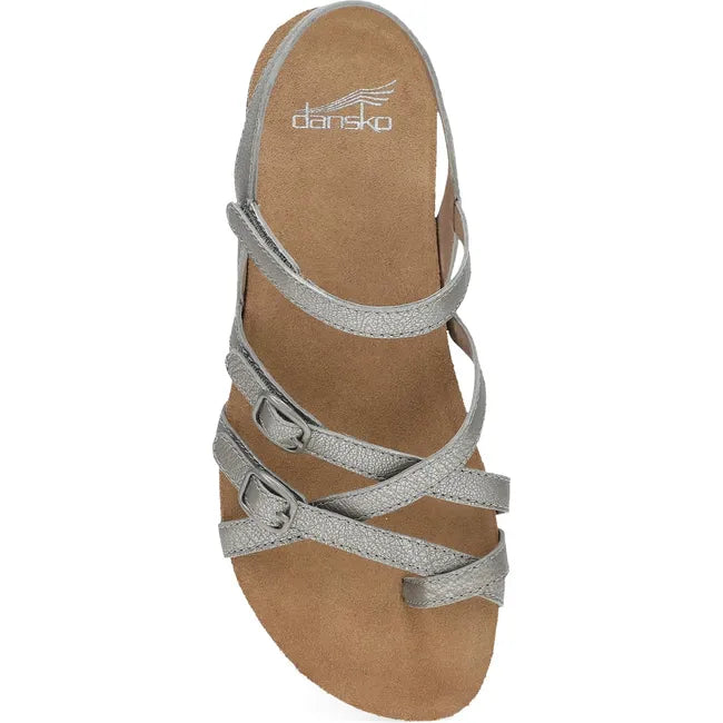 Top down view of Women's Dansko Roslyn Sandal in Antique Silver Metallic with velcro straps