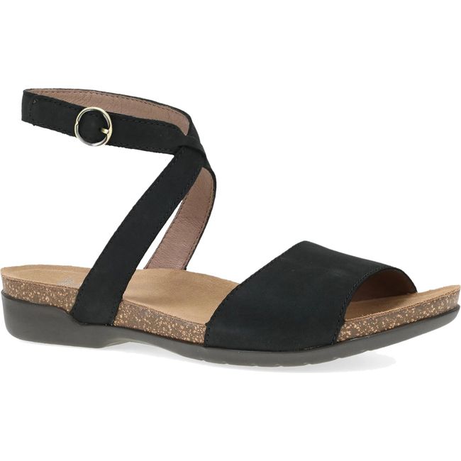 Lateral side of Women's Dansko Rafferty Sandal in Black Milled Nubuck with velcro backstrap